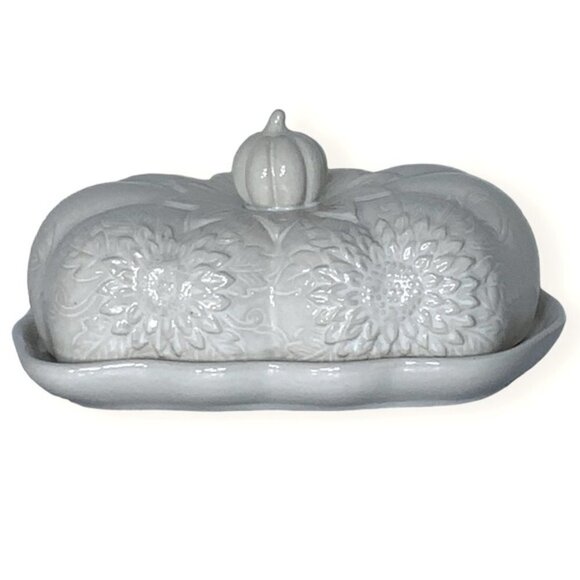 Harvest Pumpkin Covered Butter Dish With Lid Large Ceramic Floral White Cream - Picture 2 of 16